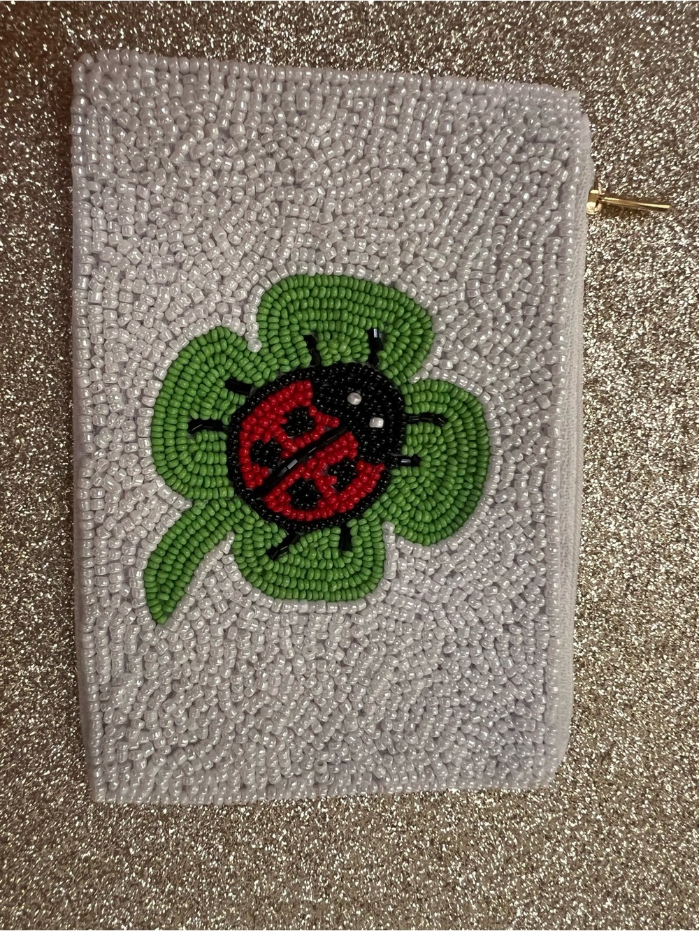 Beaded Ladybug Clover Zip Pouch - White & Green